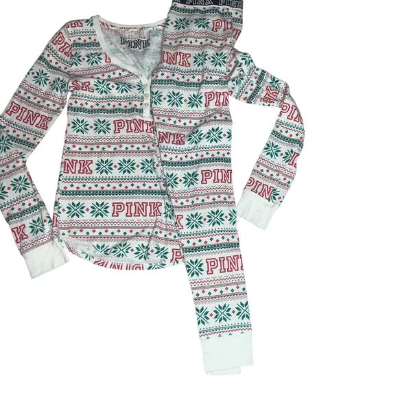 Victorian's Secret PINK Holiday fair isle Christmas Waffle PJ top pant set med - Picture 2 of 7